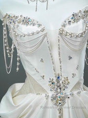 White Satin A-Line Sweetheart Beaded Long Semi Formal Prom Dress, Elegant Adult Ceremony Graduation Semi Formal Prom Dress