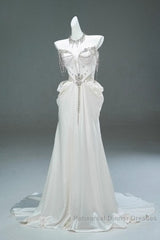 White Satin A-Line Sweetheart Beaded Long Semi Formal Prom Dress, Elegant Adult Ceremony Graduation Semi Formal Prom Dress