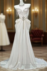 White Satin A-Line Sweetheart Beaded Long Semi Formal Prom Dress, Elegant Adult Ceremony Graduation Semi Formal Prom Dress
