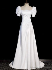 White Short Sleeve Square Neck Pleats Wedding Dress