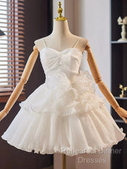 White Sweetheart Neck Organza Short Semi Formal Prom Dress, White Homecoming Dress