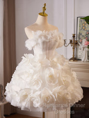 White Tulle Flower Ball Gown Short Semi Formal Prom Dress, Cute Sweet 16 Dress