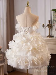 White Tulle Flower Ball Gown Short Semi Formal Prom Dress, Cute Sweet 16 Dress
