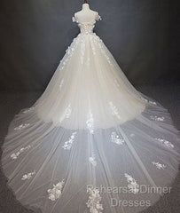 White Tulle Lace Applique Long Semi Formal Prom Dress, White Lace Wedding Dress