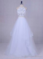White Tulle Long Graduation Beading Halter Backless 2 Piece Prom Dress