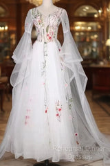 White Tulle Long Sleeves A-Line Wedding Party Dress, White Tulle Semi Formal Prom Dress