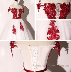 White Tulle Scoop Long Formal Dress With Red Lace, Lovely Red Formal Dress Semi Formal Prom Dress