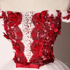 White Tulle Scoop Long Formal Dress With Red Lace, Lovely Red Formal Dress Semi Formal Prom Dress
