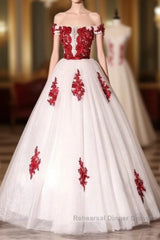 White Tulle Scoop Long Formal Dress With Red Lace, Lovely Red Formal Dress Semi Formal Prom Dress