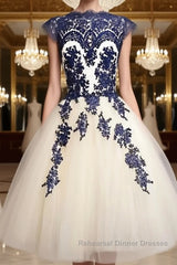 White Tulle Short Navy Blue Lace  Semi Formal Prom Dresses, Short Blue Lace Homecoming Dresses