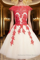 White Tulle Short Red Lace Semi Formal Prom Dresses, Short Red Lace Homecoming Dresses
