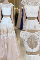 White Two Pieces Lace Long Semi Formal Prom Dress, White Evening Dress