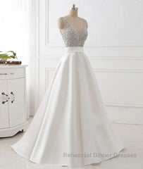 White v neck beads sequin long Semi Formal Prom Dresses, white evening Dresses