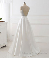 White v neck beads sequin long Semi Formal Prom Dresses, white evening Dresses