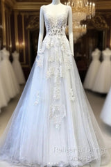 White V Neck Lace Tulle Long Wedding Dress, Lace Semi Formal Prom Dress