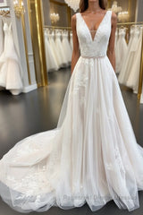 White v neck tulle lace long Semi Formal Prom Dresses, lace evening Dresses