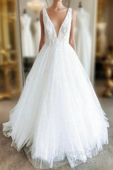 White V Neck Tulle Lace Long Semi Formal Prom Gown Wedding Dress