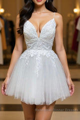 White v neck tulle lace short Semi Formal Prom Dresses, white homecoming Dresses