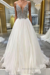 White v neck tulle long Semi Formal Prom Dresses white tulle formal Dresses