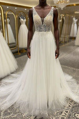 White v neck tulle sequin beads long Semi Formal Prom Dresses, A line evening Dresses