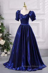 Wholesale Blue Satin Floor Length Semi Formal Prom Dress A-Line Short Sleeve Backless Evening Party Dress