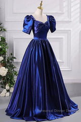 Wholesale Blue Satin Floor Length Semi Formal Prom Dress A-Line Short Sleeve Backless Evening Party Dress