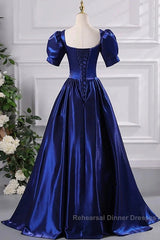 Wholesale Blue Satin Floor Length Semi Formal Prom Dress A-Line Short Sleeve Backless Evening Party Dress