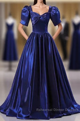 Wholesale Blue Satin Floor Length Semi Formal Prom Dress A-Line Short Sleeve Backless Evening Party Dress
