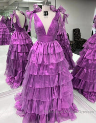 Wholesale Dark Purple Princess A-Line Deep V-Neck Long Tiered Semi Formal Prom Party Dress Semi Formal Prom Clothing