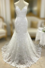 Wholesale Trumpet/Mermaid V-Neck Sleeveless Lace Applique Sweep/Brush Train Wedding Dresses