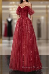 Wine Red A-Line Tulle Sweetheart Floor Length Party Dress, Wine Red Tulle Semi Formal Prom Dress
