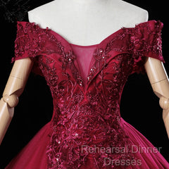 Wine Red Ball Gown Sweetheart Off Shoulder Long Party Dress, Wine Red Sweet 16 Dress