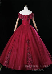 Wine Red Ball Gown Sweetheart Off Shoulder Long Party Dress, Wine Red Sweet 16 Dress