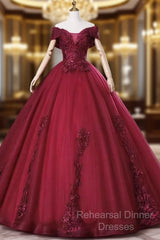Wine Red Ball Gown Sweetheart Off Shoulder Long Party Dress, Wine Red Sweet 16 Dress