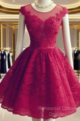 Wine Red Lace Knee Length Round Neckline Party Dress, Cute Homecoming Dresses