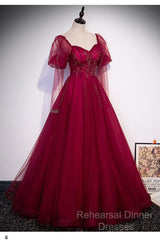 Wine Red Long Sleeves Tulle Evening Gown Semi Formal Prom Dress, Dark Red Beaded Party Dresses