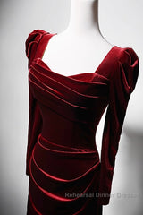 Wine Red Long Sleeves Velvet Long Party Dress, Wine Red A-Line Semi Formal Prom Dress Wedding Party Dress