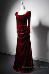 Wine Red Long Sleeves Velvet Long Party Dress, Wine Red A-Line Semi Formal Prom Dress Wedding Party Dress