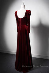Wine Red Long Sleeves Velvet Long Party Dress, Wine Red A-Line Semi Formal Prom Dress Wedding Party Dress