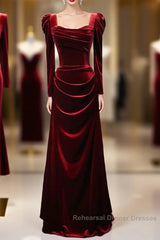 Wine Red Long Sleeves Velvet Long Party Dress, Wine Red A-Line Semi Formal Prom Dress Wedding Party Dress