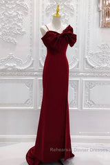 Wine Red Mermaid Evening Gown With Leg Slit, Straps Long Semi Formal Prom Dresses