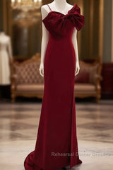 Wine Red Mermaid Evening Gown With Leg Slit, Straps Long Semi Formal Prom Dresses