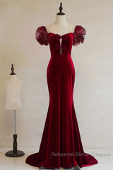 Wine Red Mermaid Long Party Dress With Bow, Wine Red Evening Dress Semi Formal Prom Dress