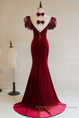 Wine Red Mermaid Long Party Dress With Bow, Wine Red Evening Dress Semi Formal Prom Dress