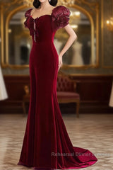 Wine Red Mermaid Long Party Dress With Bow, Wine Red Evening Dress Semi Formal Prom Dress