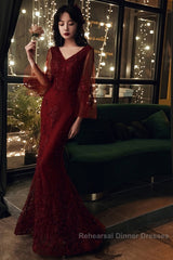 Wine Red Mermaid Long Semi Formal Prom Dress With Lace, V-Neckline Semi Formal Prom Dress