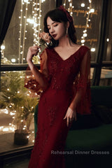 Wine Red Mermaid Long Semi Formal Prom Dress With Lace, V-Neckline Semi Formal Prom Dress