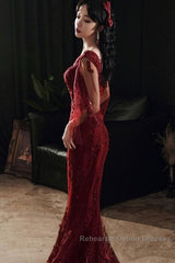 Wine Red Mermaid Long Semi Formal Prom Dress With Lace, V-Neckline Semi Formal Prom Dress