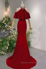 Wine Red Mermaid Off Shoulder Halter Neckline Party Dress, Wine Red Evening Gown