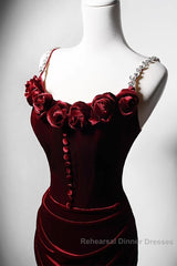 Wine Red Mermaid Straps Beaded Long Formal Dress, Wine Red Evening Dress Semi Formal Prom Dress